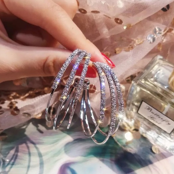 Rhinestone Silver Hoop Earrings - Picture 3 of 7